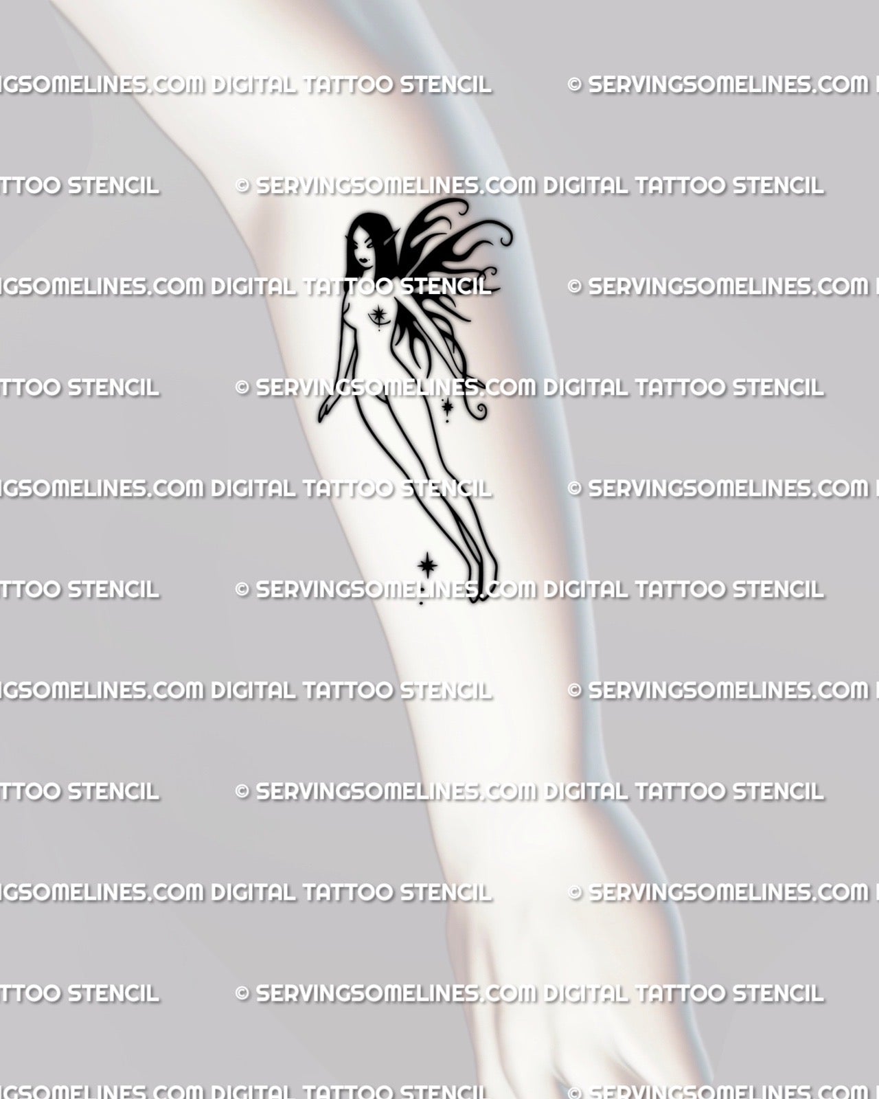 simple fairy outline tattoo placed on forearm, gothic black flaming wings linework design with subtle feminine details