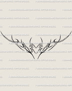 Minimalist neotribal heart tattoo design, cyber tramp stamp stencil drawn in clean black linework ready for digital download printing.