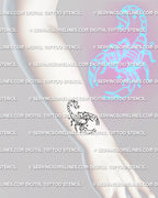 Minimalist scorpion tattoo shown on wrist placement with curved tail, slim legs, and simple outline detail
