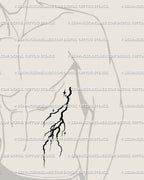 Minimalist thunderbolt tattoo on male side ribs, cyber tribal lightning stencil with gothic storm energy. 