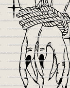 Minimalist witch hands tattoo flash, tied wrists and black nails line art showing clean stencil outlines on white background.
