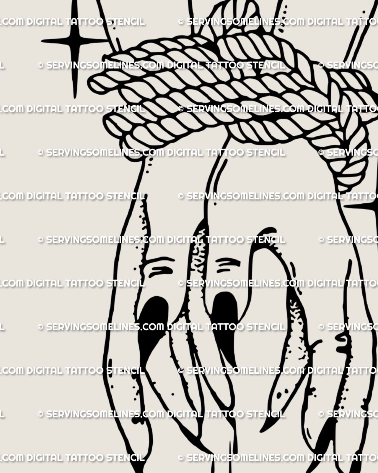 Minimalist witch hands tattoo flash, tied wrists and black nails line art showing clean stencil outlines on white background.