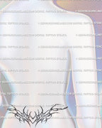 Minimalist gothic heart tattoo placed on lower back, ornamental linework with neotribal flow, edgy but refined cybersigil detail.