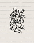 Minimalist Medusa tattoo stencil with snake hair and cracked statue base, hand-drawn gothic gorgon outline art offered as a digital download.