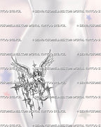 Modern angel tattoo stencil on a womens hip, with cyber sigil framing, wing detail, and a slim vertical layout for side placement.