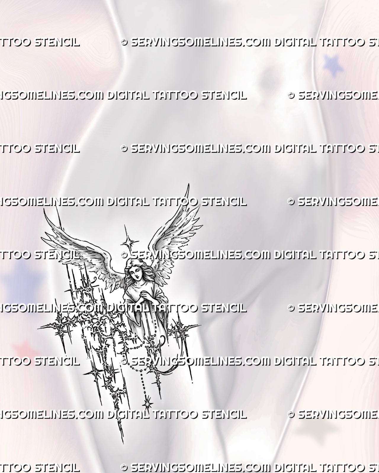 Modern angel tattoo stencil on a womens hip, with cyber sigil framing, wing detail, and a slim vertical layout for side placement.