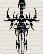 Modern dagger tattoo stencil in neotribal style, bold black flow fields and open negative space, clean dagger silhouette for printing.