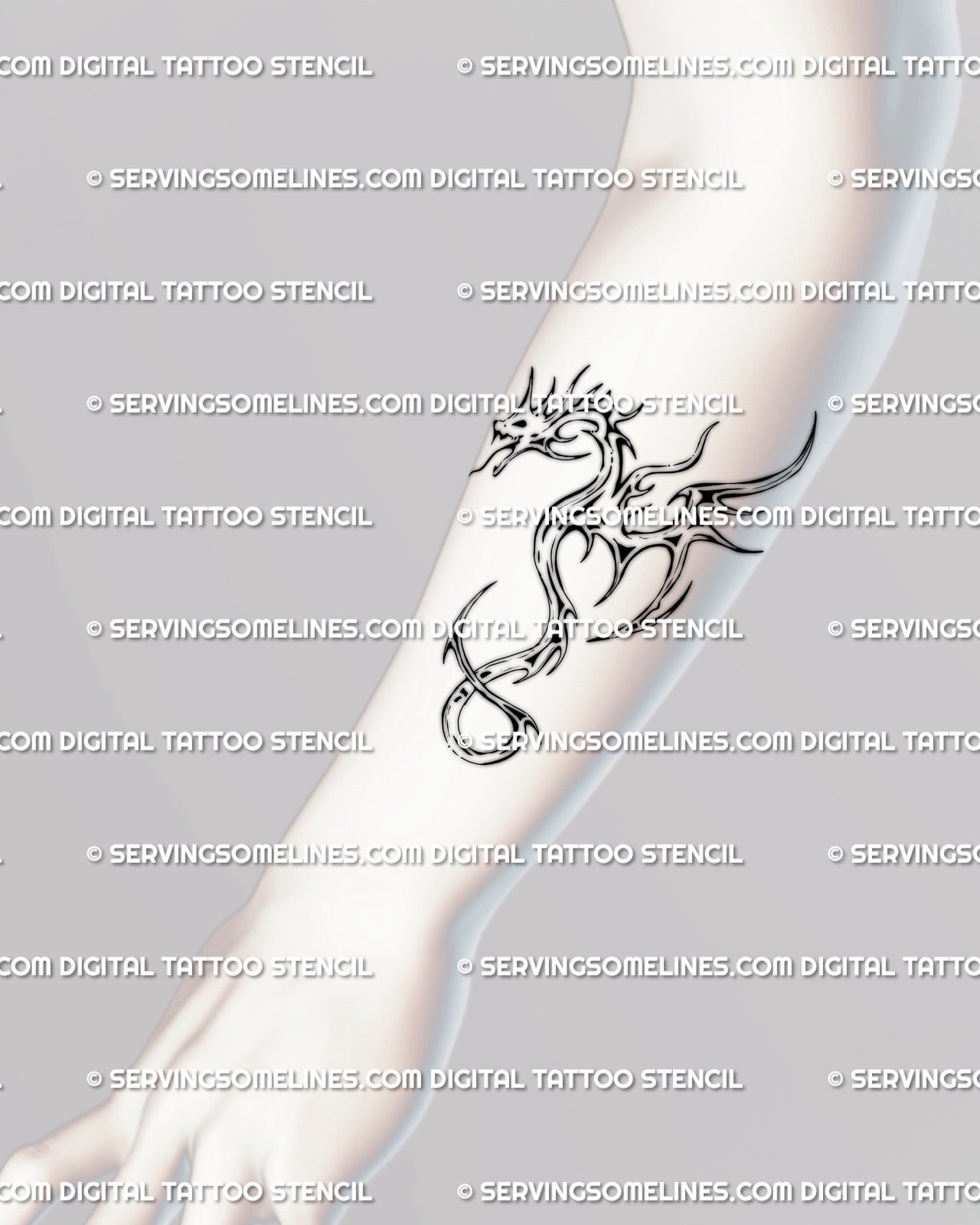 Modern dragon tattoo stencil displayed on forearm placement preview with a narrow flowing silhouette and clean open spacing