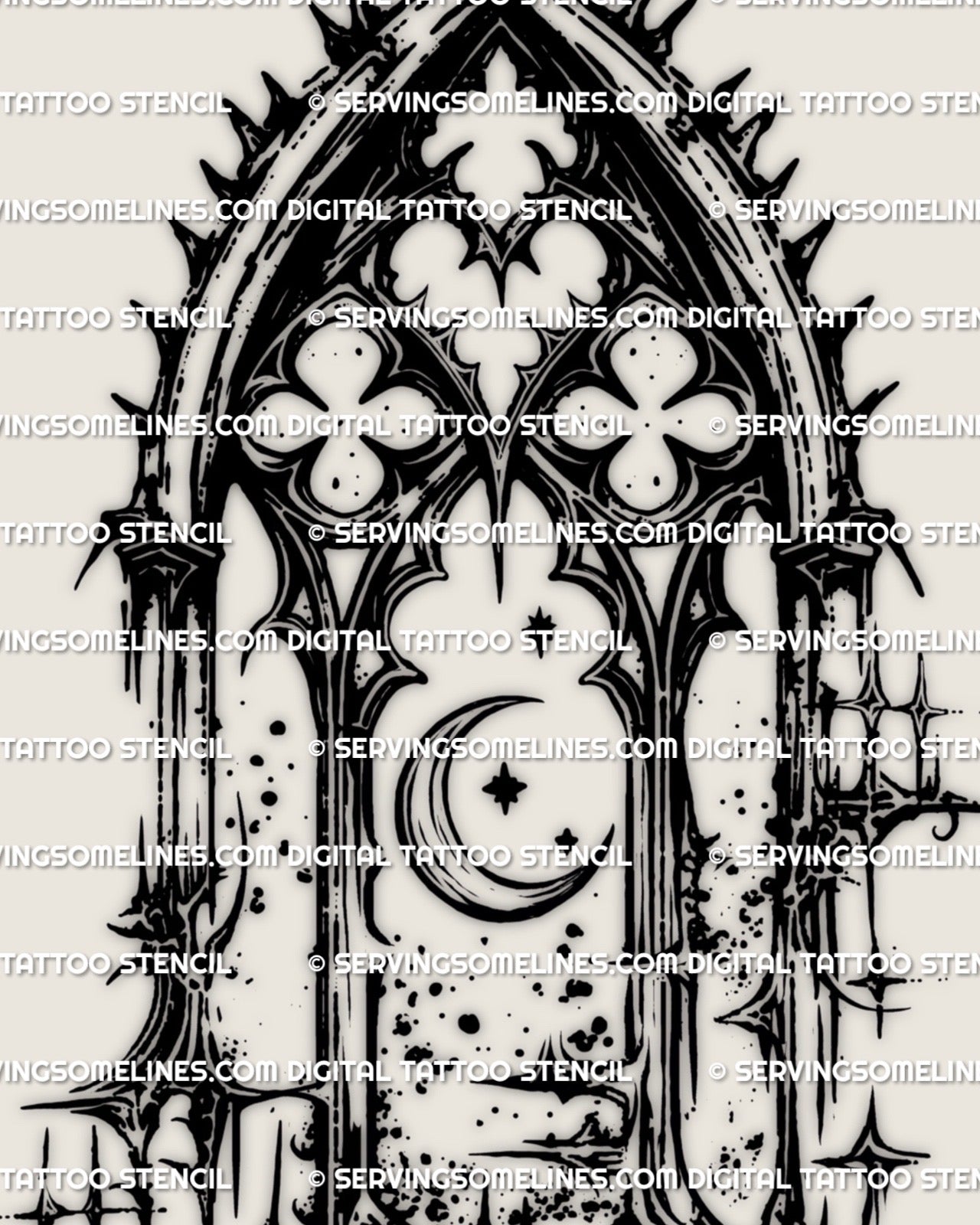 Modern gothic cyber arch tattoo stencil combining moon symbolism and sigil elements, sharp digital tattoo design for forearm spine or leg placement