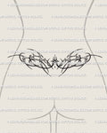 Modern lower back stencil on waistline, digital preview with fine line curves and centered sparkles for a clean futuristic ornamental feel