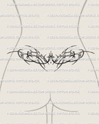 Modern lower back stencil on waistline, digital preview with fine line curves and centered sparkles for a clean futuristic ornamental feel