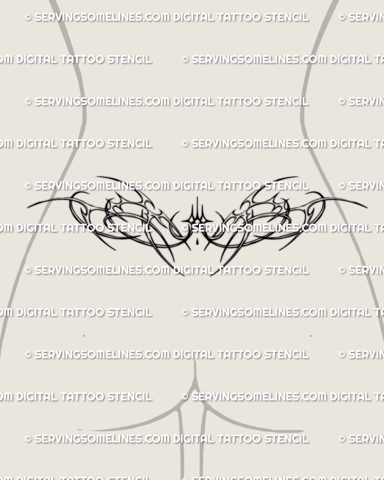 Modern lower back stencil on waistline, digital preview with fine line curves and centered sparkles for a clean futuristic ornamental feel