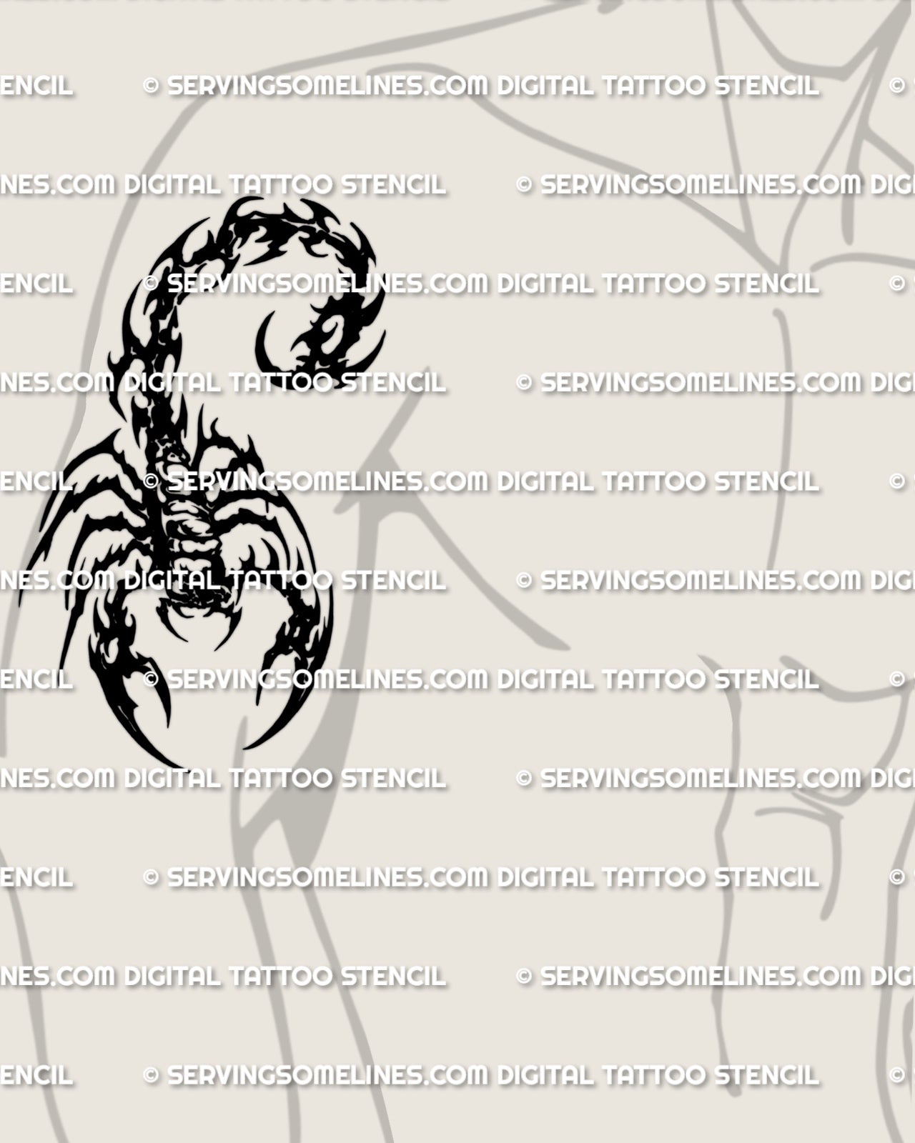 Modern neotribal scorpion tattoo preview on men’s upper arm with bold cutout shapes, open claws, and raised tail