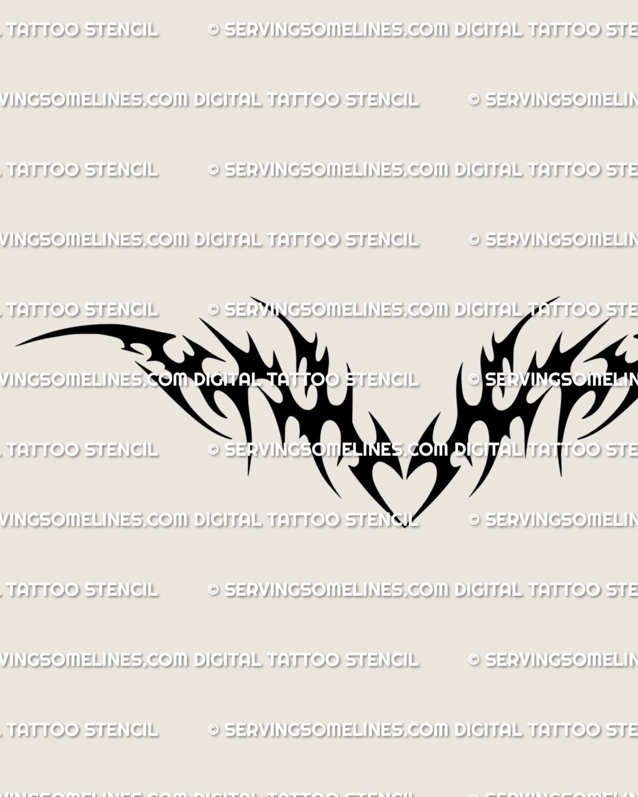 Tribal heart centerpiece tattoo stencil shown as a digital preview, sharp black neotribal curves arranged for chest placement clarity