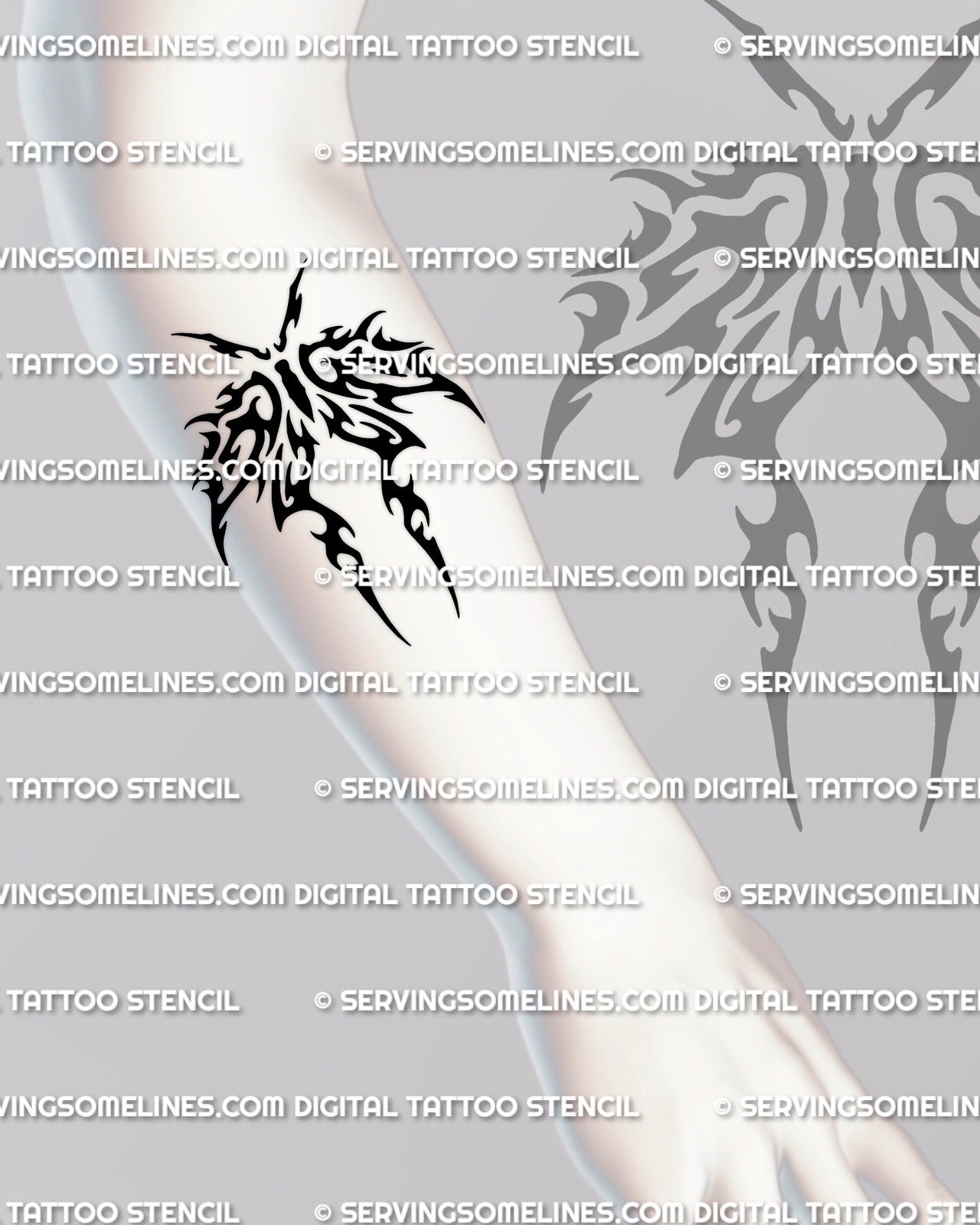 Modern tribal moth stencil on forearm placement, tribal moth tattoo stencil download with clean silhouette for tattooer use.
