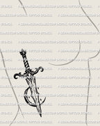 Moon and dagger tattoo stencil shown on women’s side ribs placement example, slim crescent behind the guard.