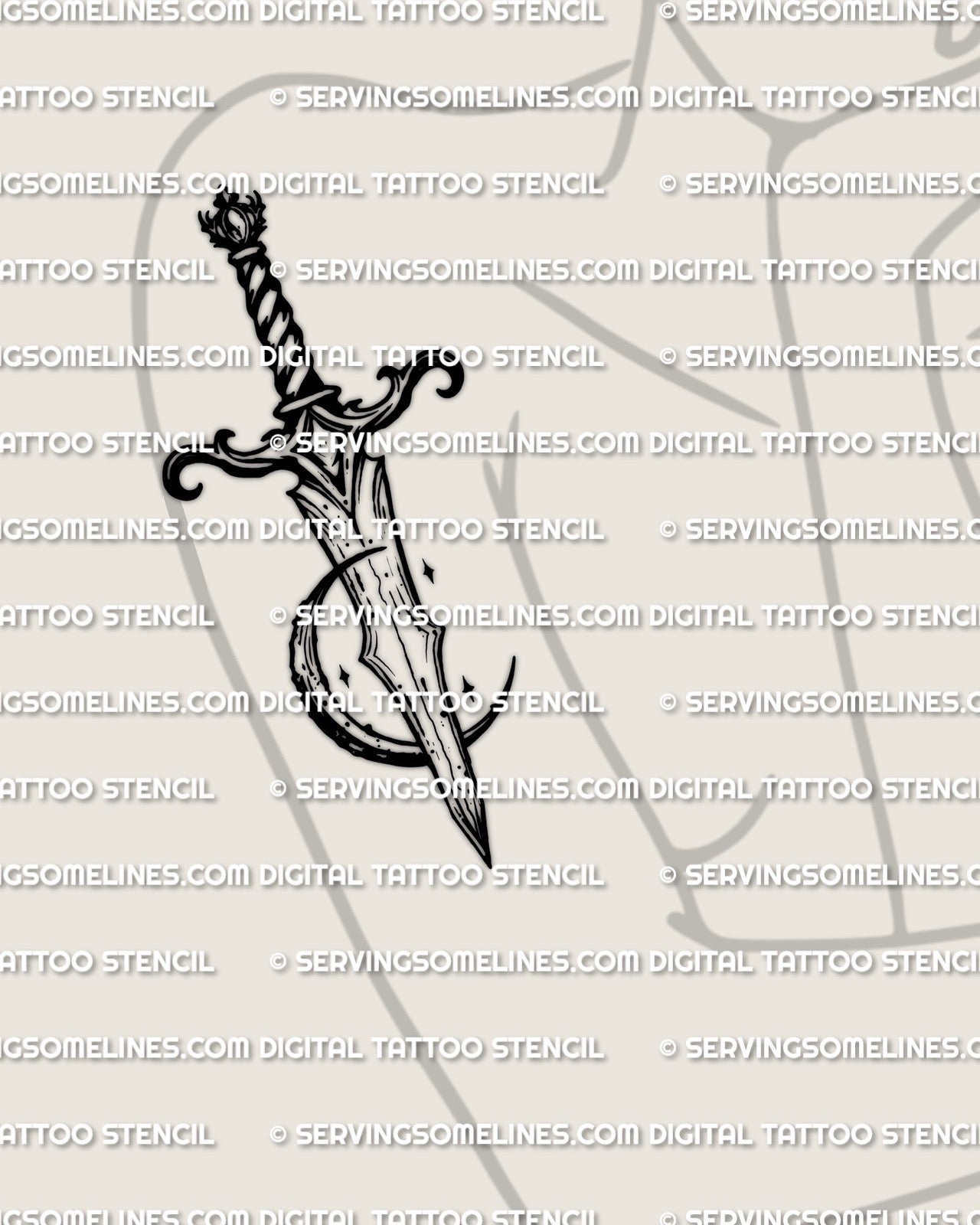Moon and dagger tattoo stencil, displayed on women’s arm placement example, easy resizing, instant download files.