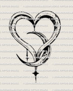Moon and heart tattoo stencil artwork, curved crescent band forms heart frame, subtle speckle texture, vertical drop point, print ready.