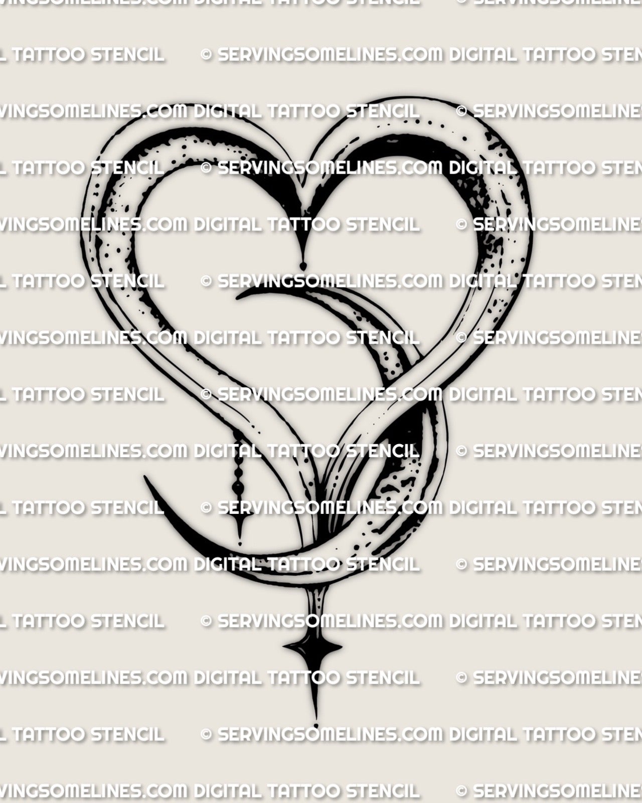 Moon and heart tattoo stencil artwork, curved crescent band forms heart frame, subtle speckle texture, vertical drop point, print ready.