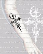 Moon cross tattoo stencil shown on forearm placement designed for vertical flow and easy digital sizing.