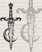 Close view of crescent and hilt detail, moon dagger tattoo stencil for crisp transfer, printable PNG PDF download.