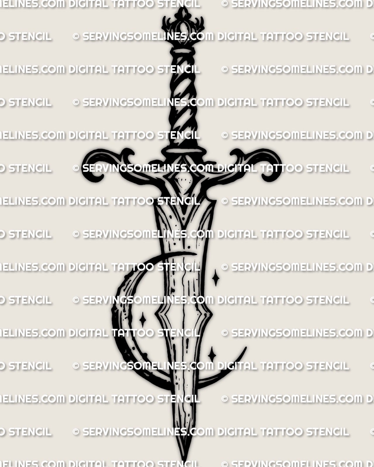 Moon dagger tattoo stencil download, crescent behind hilt, dagger and moon tattoo design, PNG JPG PDF files.