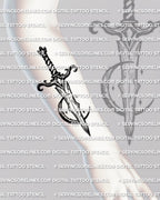 Moon dagger tattoo stencil shown on forearm placement example, vertical dagger and moon tattoo that stays readable.