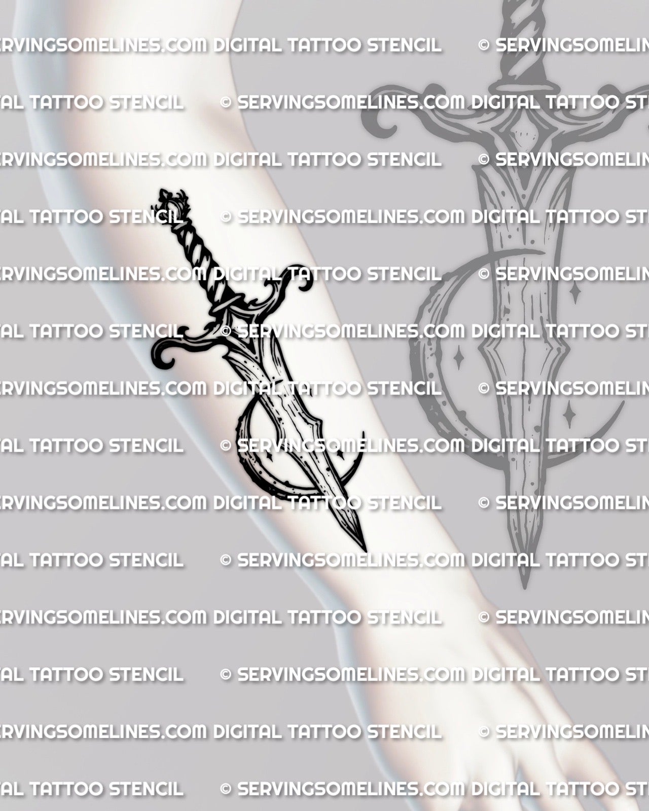 Moon dagger tattoo stencil shown on forearm placement example, vertical dagger and moon tattoo that stays readable.