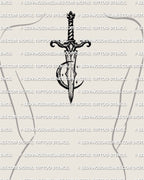 Moon dagger tattoo stencil shown on women’s upper back center placement example, bold dagger and moon tattoo layout.