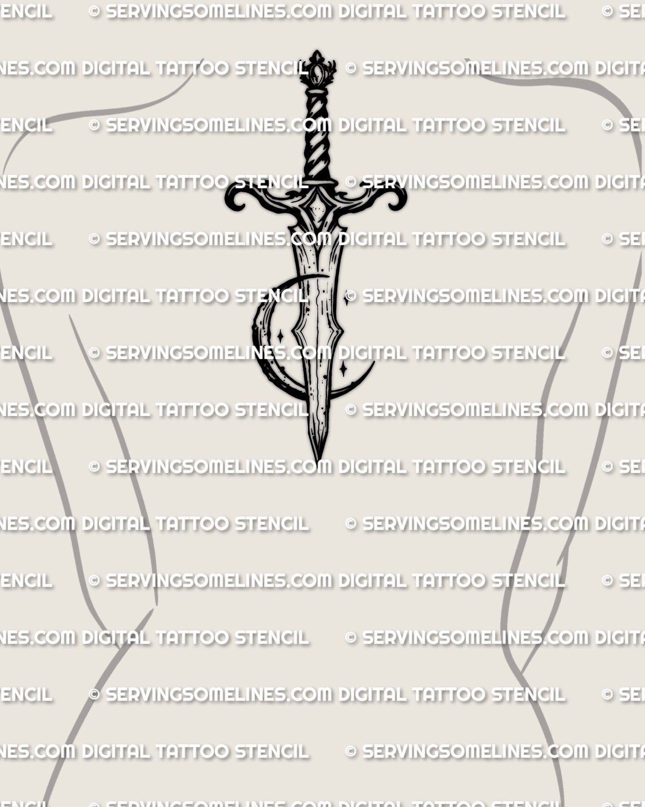 Moon dagger tattoo stencil shown on women’s upper back center placement example, bold dagger and moon tattoo layout.