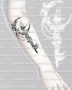 Moon key tattoo stencil shown on forearm placement, vertical crescent key with dotted chain charm and sharp black linework.