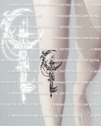 Cyber tribal key tattoo shown on men’s shoulder placement, crescent moon key with sharp edges and dotted charm detail.