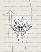 moth and moon tattoo stencil shown on back of thigh placement, moon moth tattoo design download, high-res stencil files
