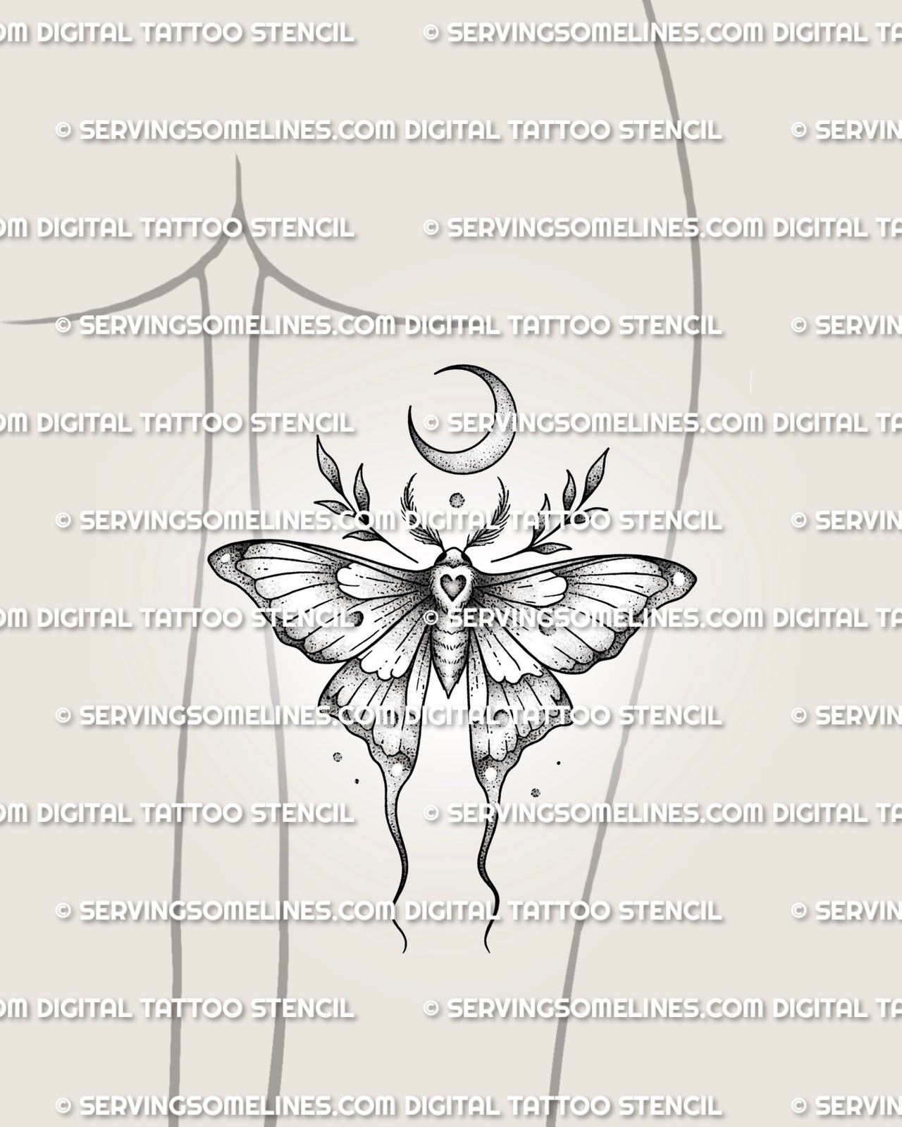 moth and moon tattoo stencil shown on back of thigh placement, moon moth tattoo design download, high-res stencil files