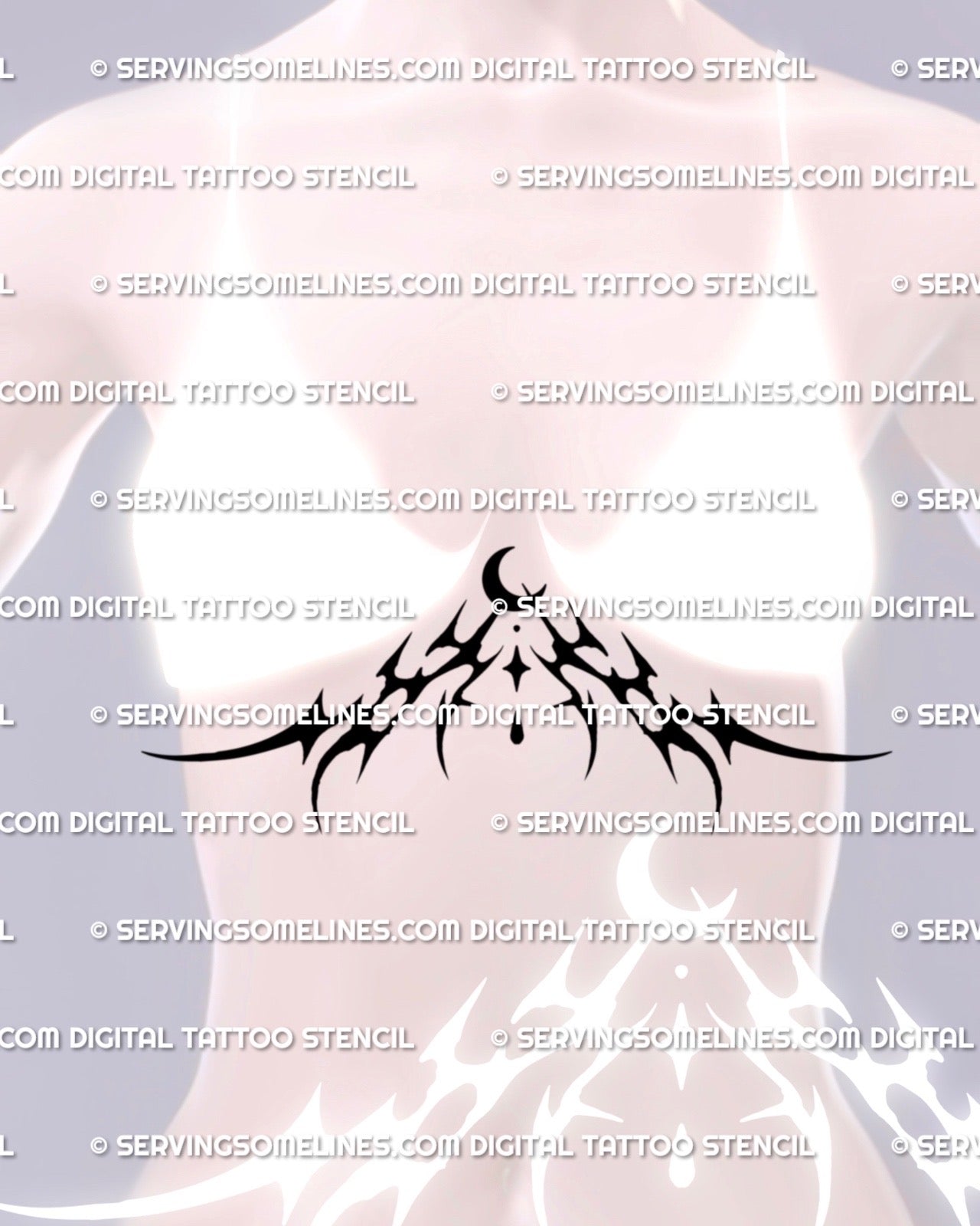 Moon underbust tattoo stencil on woman in neotribal style, crescent center and cyber lines shaped for sternum framing.
