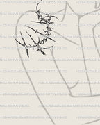 Celestial moon cybersigilism tattoo preview on woman’s shoulder, sleek black line art digital stencil fitting shoulder curve. 