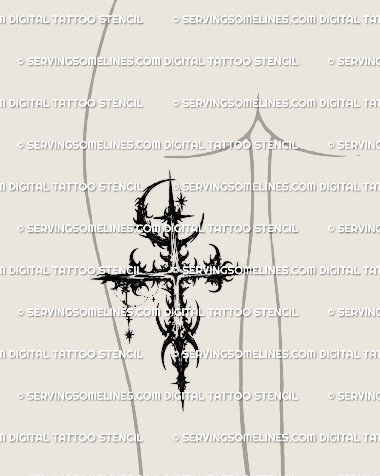 Moon and star cross tattoo stencil displayed on feminine back of thigh placement as a downloadable tattoo file.