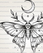 Moon moth tattoo stencil close-up showing heart marking, dotwork wing texture, crescent moon detail, and clean linework. 