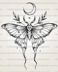 Moon moth tattoo stencil with crescent moon, shaded wings, heart detail, leaf accents, and clean printable design file. 