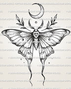 Moon moth tattoo stencil with crescent moon, shaded wings, heart detail, leaf accents, and clean printable design file. 