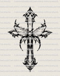 Moth cross tattoo stencil design, gothic winged cross linework, dark moth cross tattoo stencil