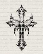 Moth cross tattoo stencil design, gothic winged cross linework, dark moth cross tattoo stencil