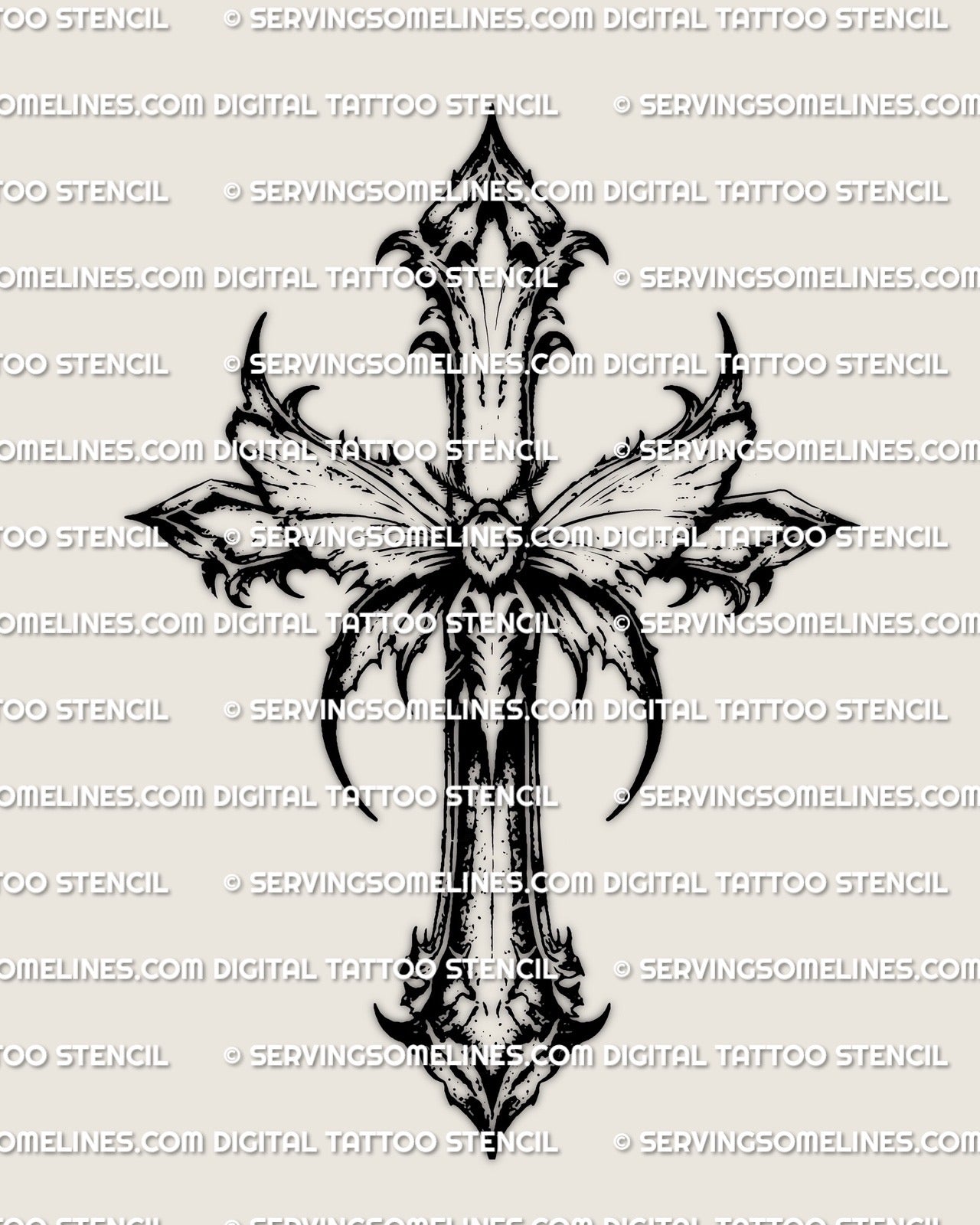 Moth cross tattoo stencil design, gothic winged cross linework, dark moth cross tattoo stencil