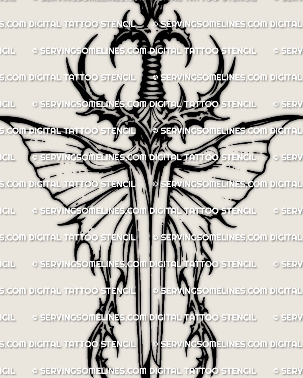 Moth dagger tattoo stencil design, wide moth wings on blade, bold black linework, printable digital stencil file.