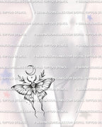 Celestial moth tattoo shown on female hip placement, with wide shaded wings, crescent moon, and small heart detail.