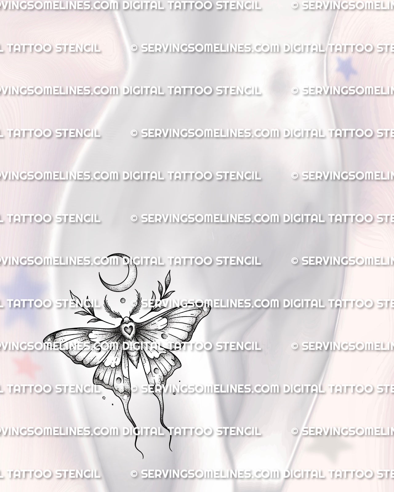 Celestial moth tattoo shown on female hip placement, with wide shaded wings, crescent moon, and small heart detail.