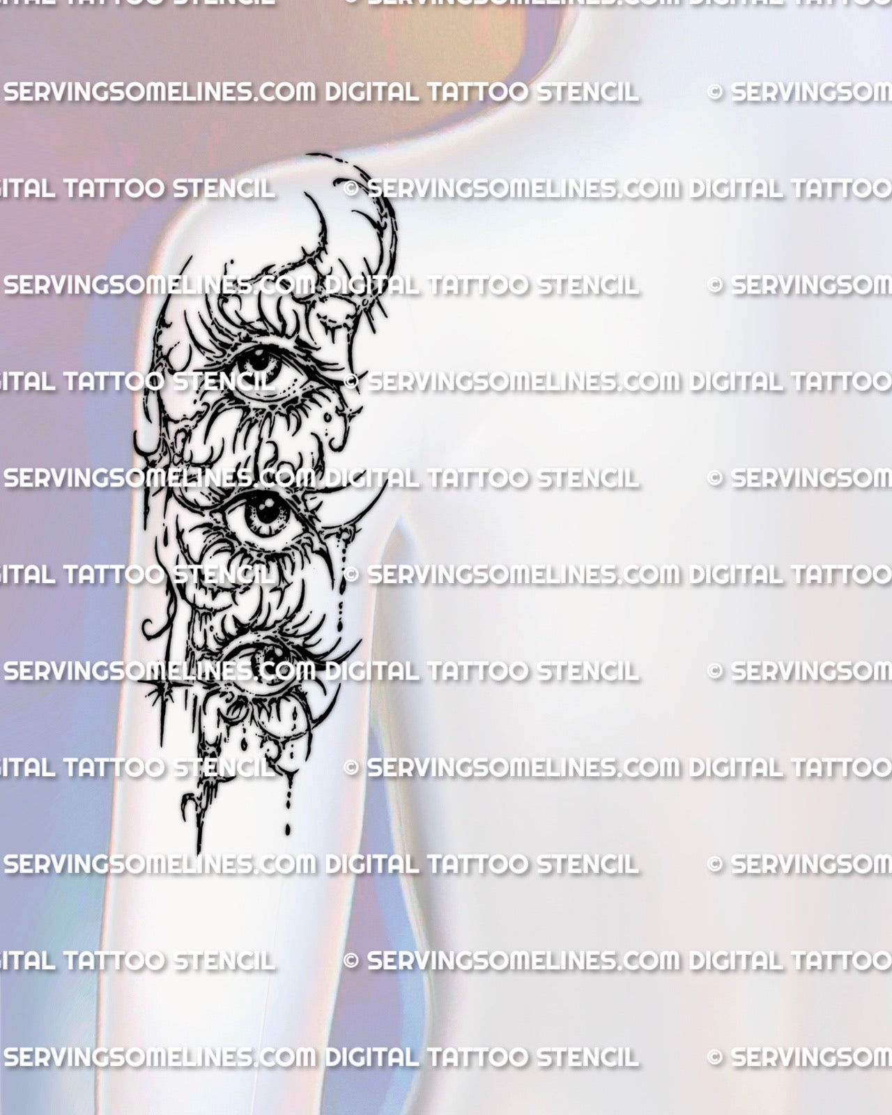 Multiple eyes tattoo stencil shown on back of upper arm placement example, digital stencil download for clean tattoo transfer.