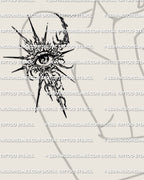 Mystical eye tattoo stencil shown on womens upper arm placement preview, digital third eye download with printable files.