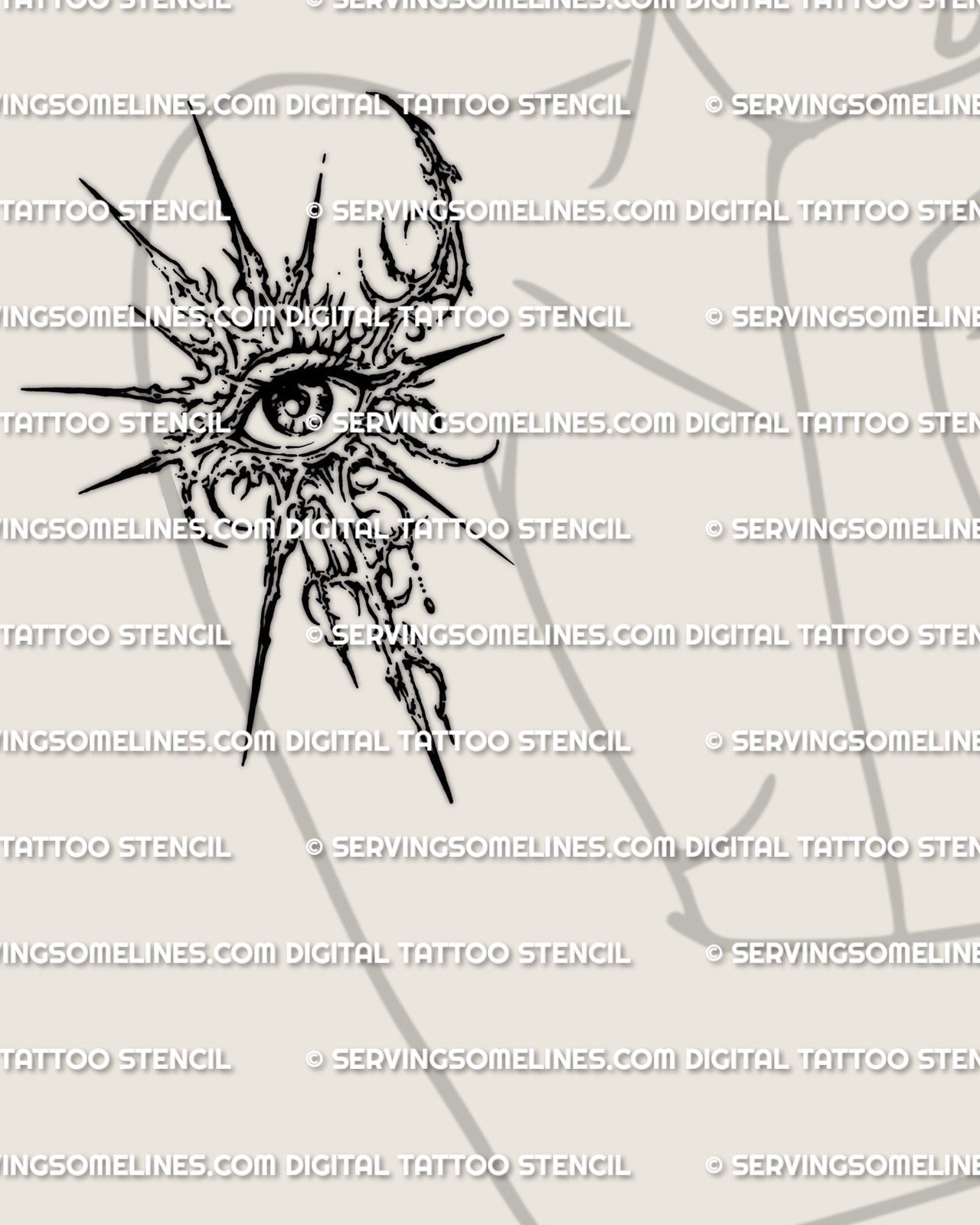 Mystical eye tattoo stencil shown on womens upper arm placement preview, digital third eye download with printable files.