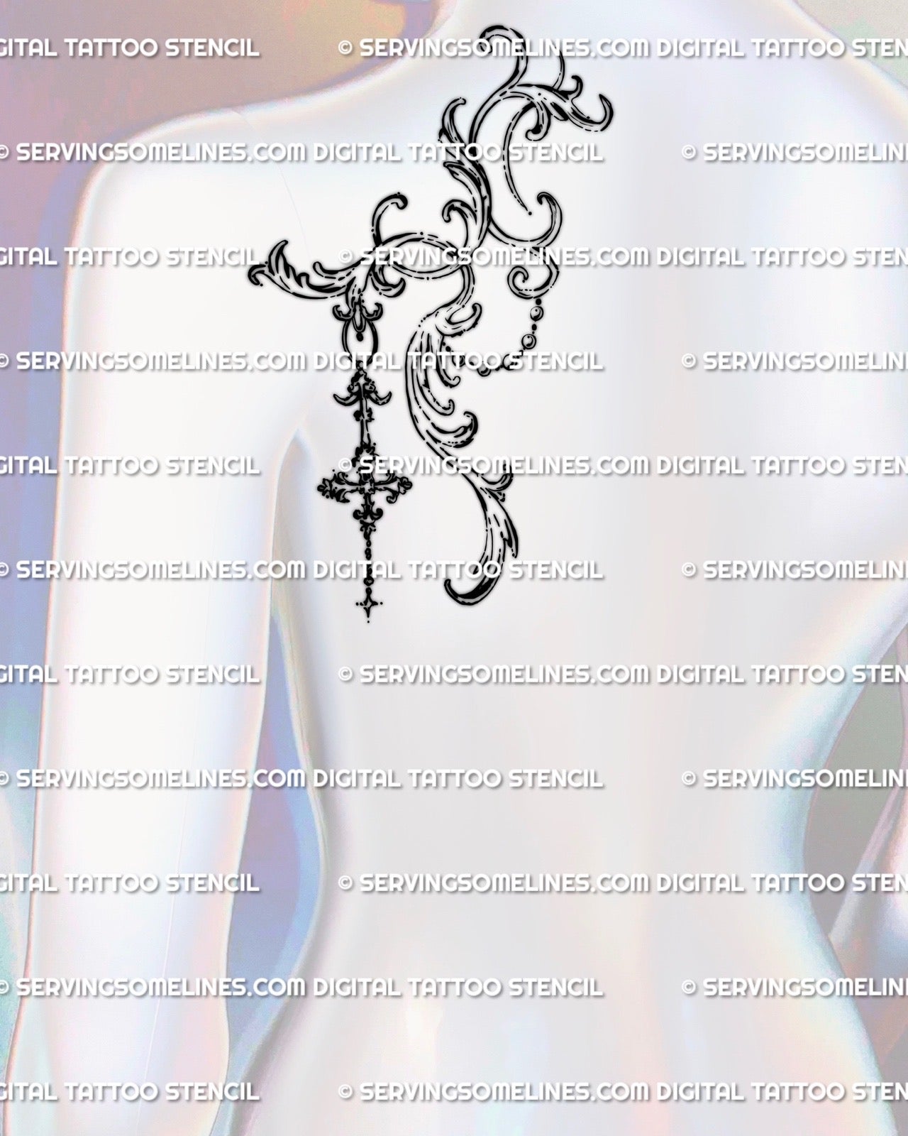 Baroque ornamental tattoo stencil displayed on the back shoulder, with neo-baroque filigree linework forming a cross pendant shape.